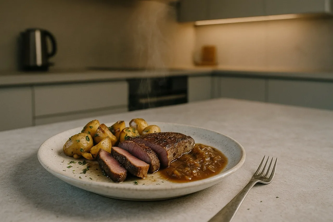 Steak s pečenými bramborami a cibulovou omáčkou
