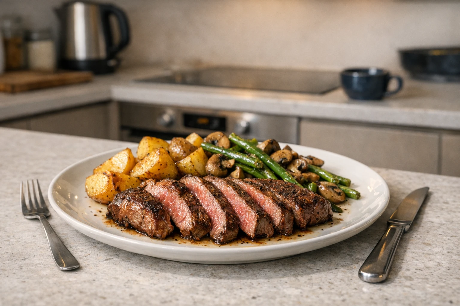 Šťavnatý rump steak s bramborami a žampiony