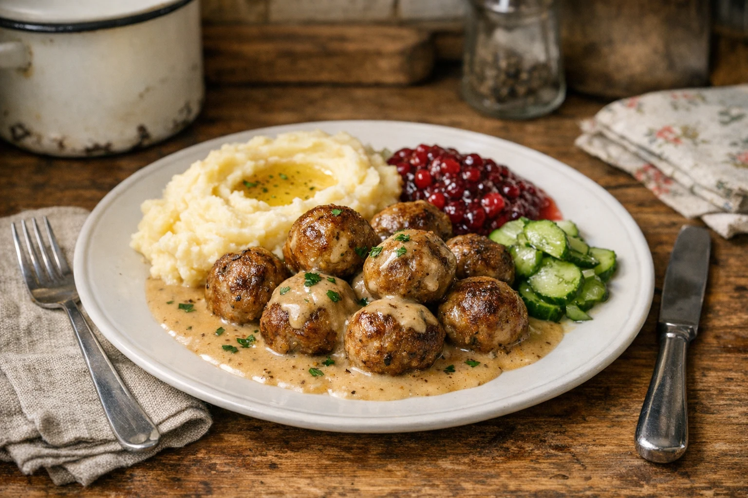 Švédské masové kuličky (köttbullar) se smetanovou omáčkou a brusinkami