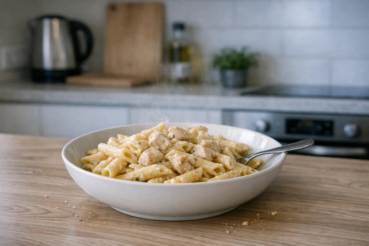 Penne s kuřecím masem a sýrovou omáčkou
