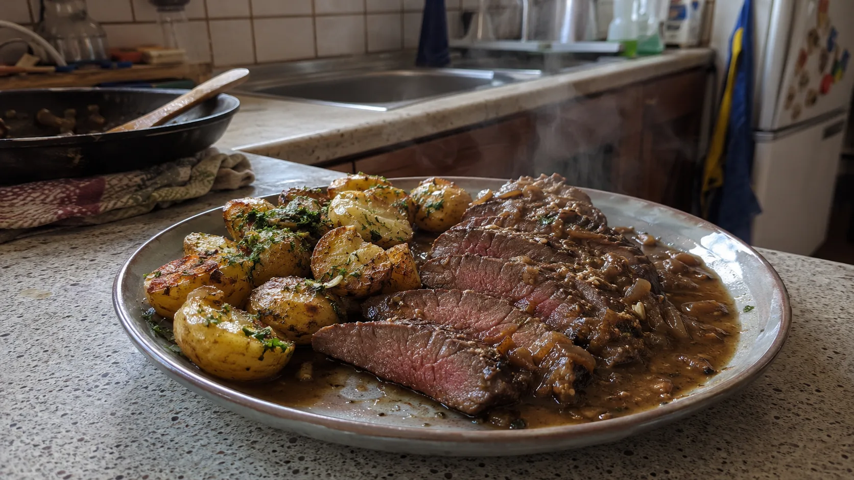 Dančí steak s opékanými bramborami a cibulovou omáčkou