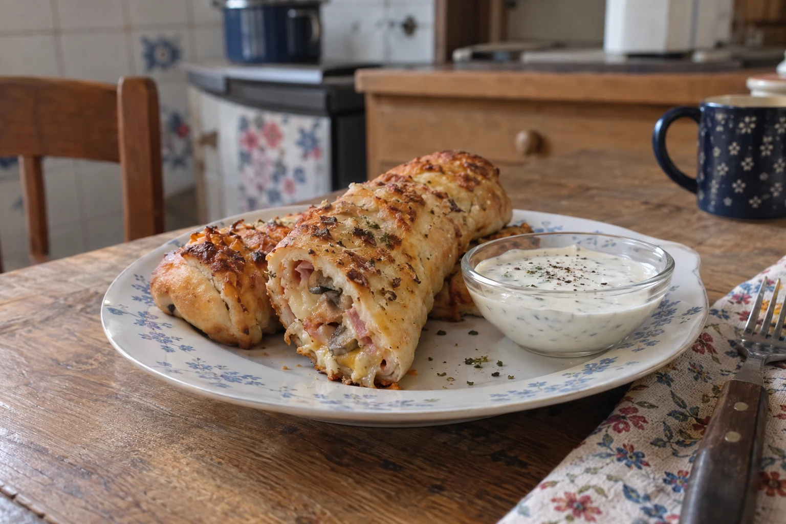 Plněné pizza tyčinky s česnekovým dresinkem